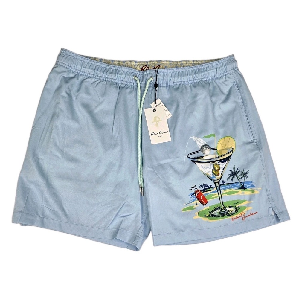 Robert Graham Swim Trunks Mens Large Blue Lined Shorts 34" Golf Martini 5" New